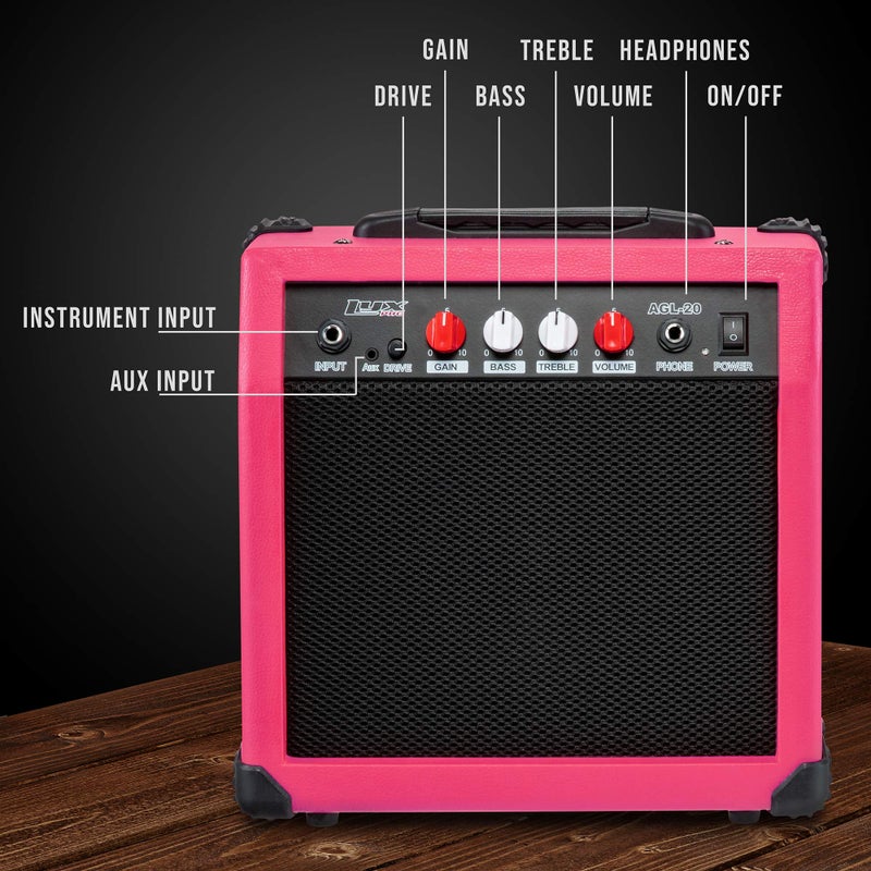 LyxPro Electric Guitar Amp 20 Watt Amplifier Built in Speaker Headphone Jack and Aux Input Includes Gain Bass Treble Volume and Grind - Pink - Image 3